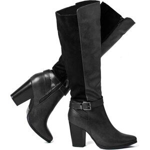 〽️Women's Black Katliu Knee High Heeled Boots with Zip Up Chunky Heel